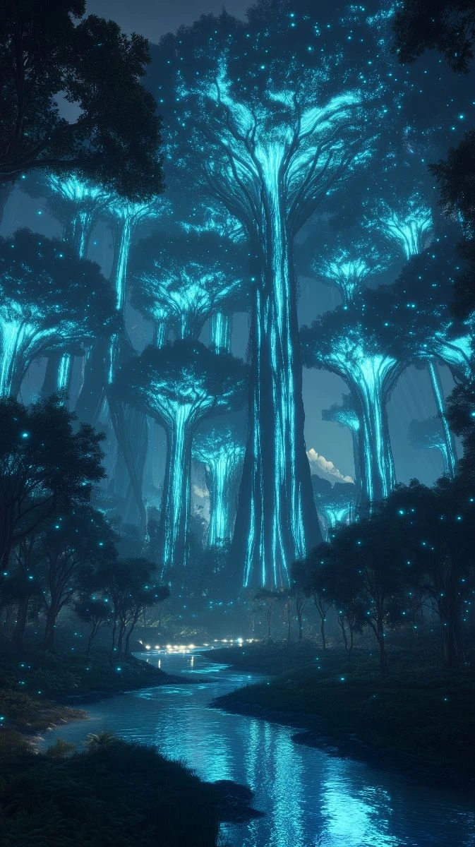 Cyan Luminous Forest Phone Wallpaper