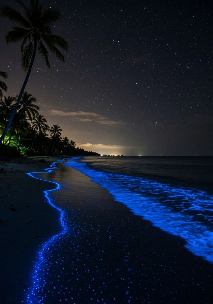 Bioluminescent Ocean Waves Night