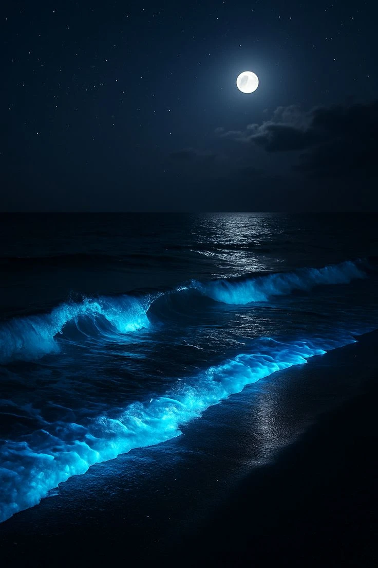Moonlit Bioluminescent Ocean Waves