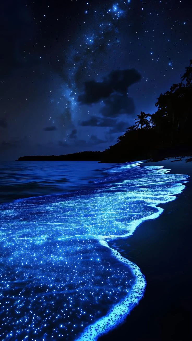 Bioluminescent Beach Night Wallpaper