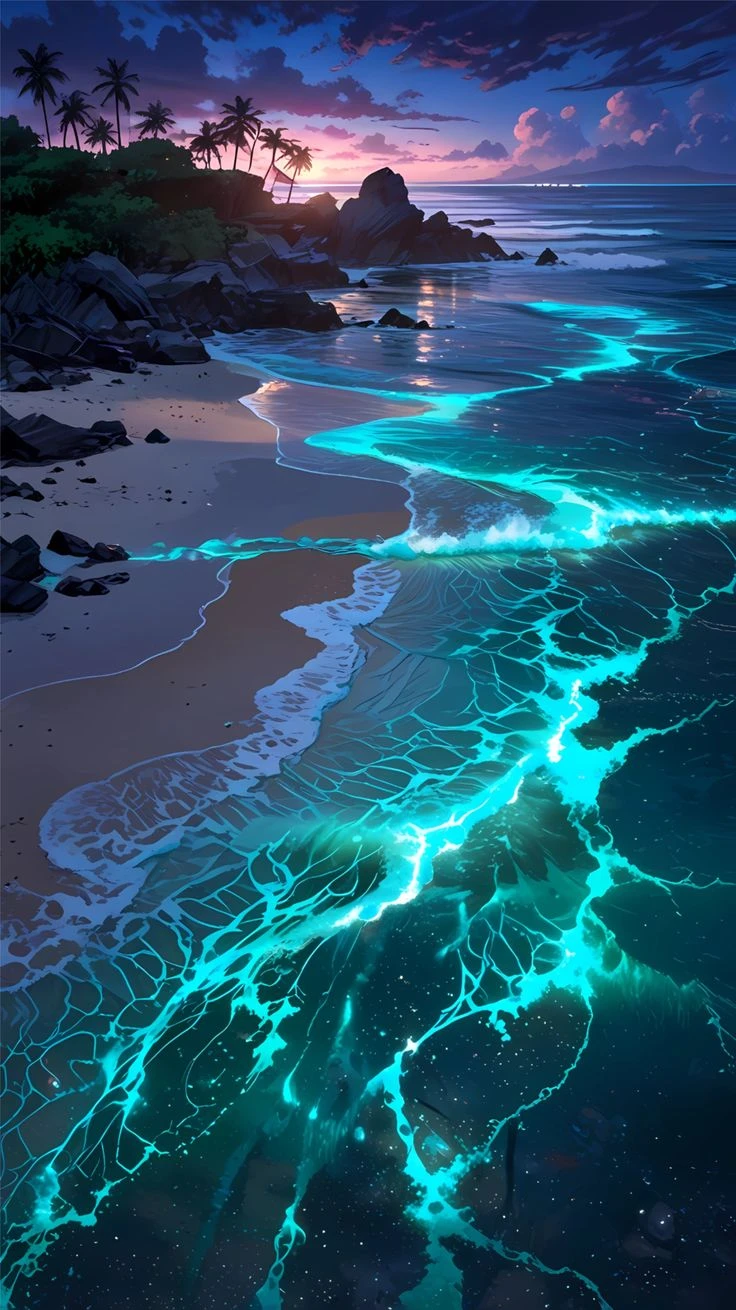 Bioluminescent Beach Waves iPhone Wallpaper
