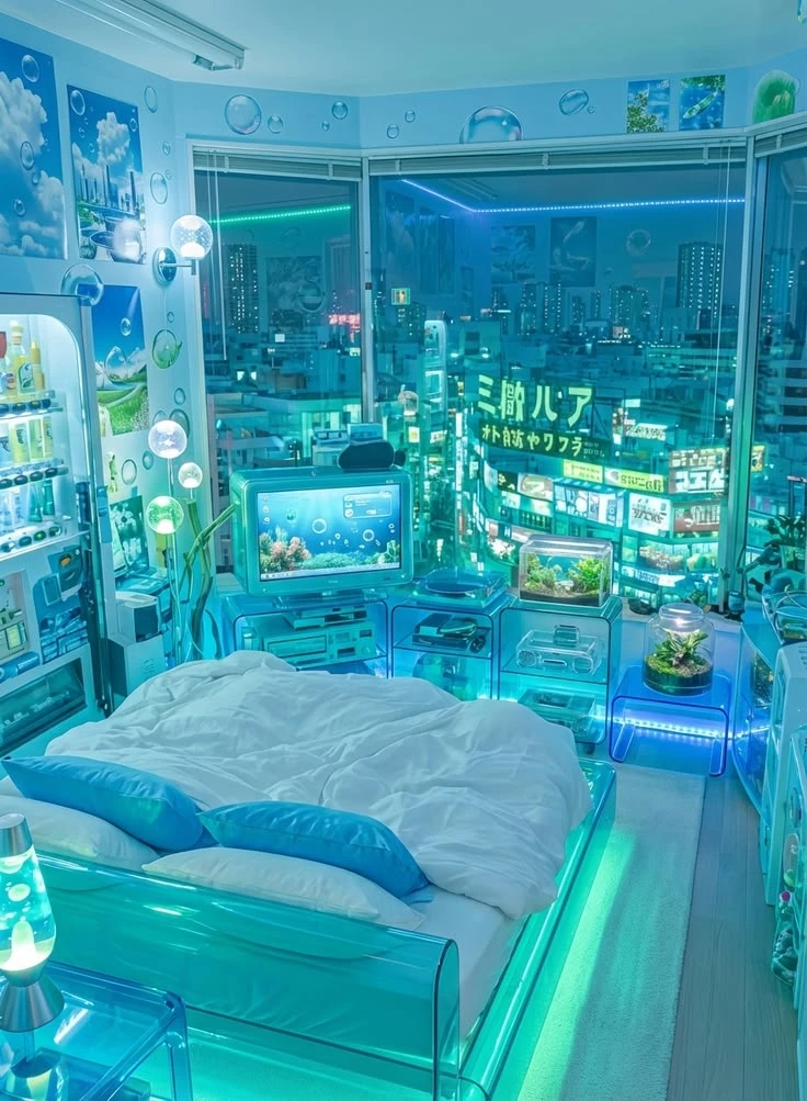 Aqua Glow Tokyo Bedroom