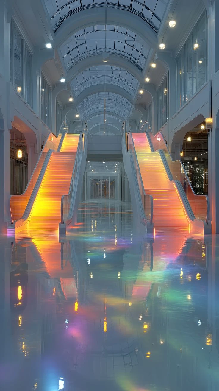 Futuristic Vibrant Escalator Interior