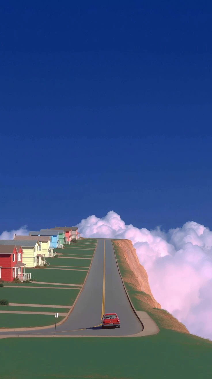 Red Car Surreal Cliff Road dreamcore