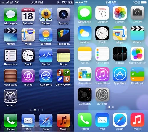 iPhone iOS 6 vs iOS 7 Skeuomorphic ui