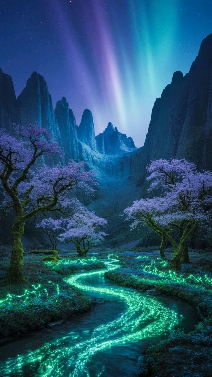 Fantasy Glowing River Aurora Night