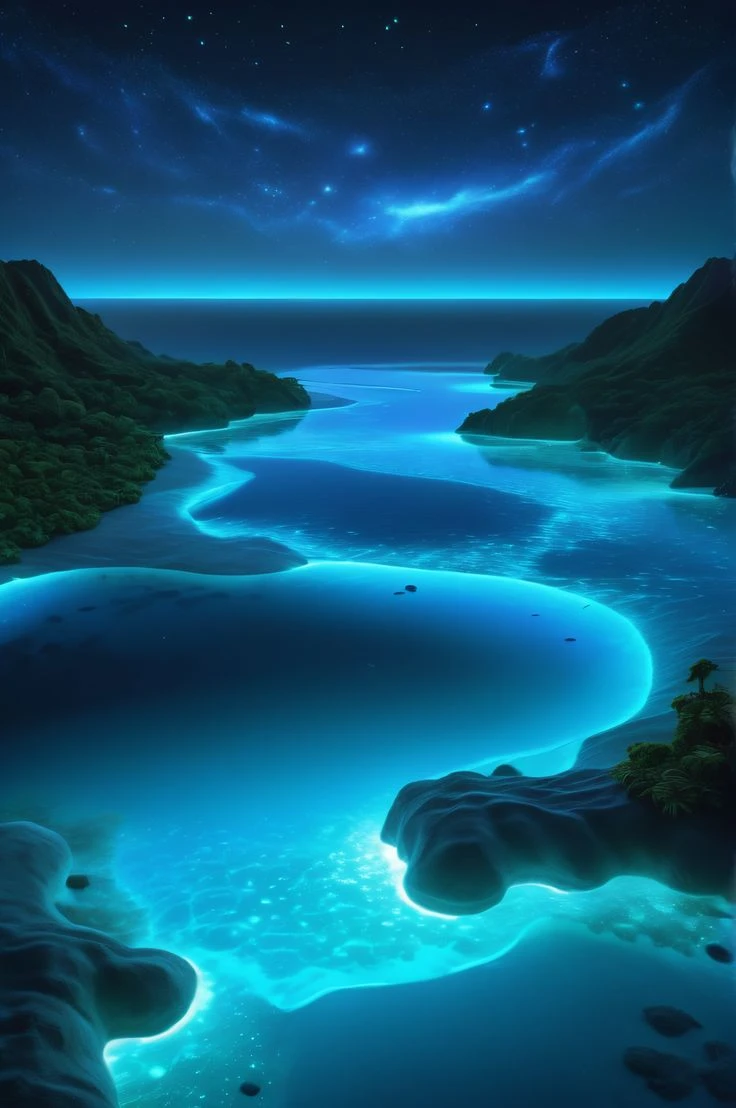 Bioluminescent River AI Wallpaper