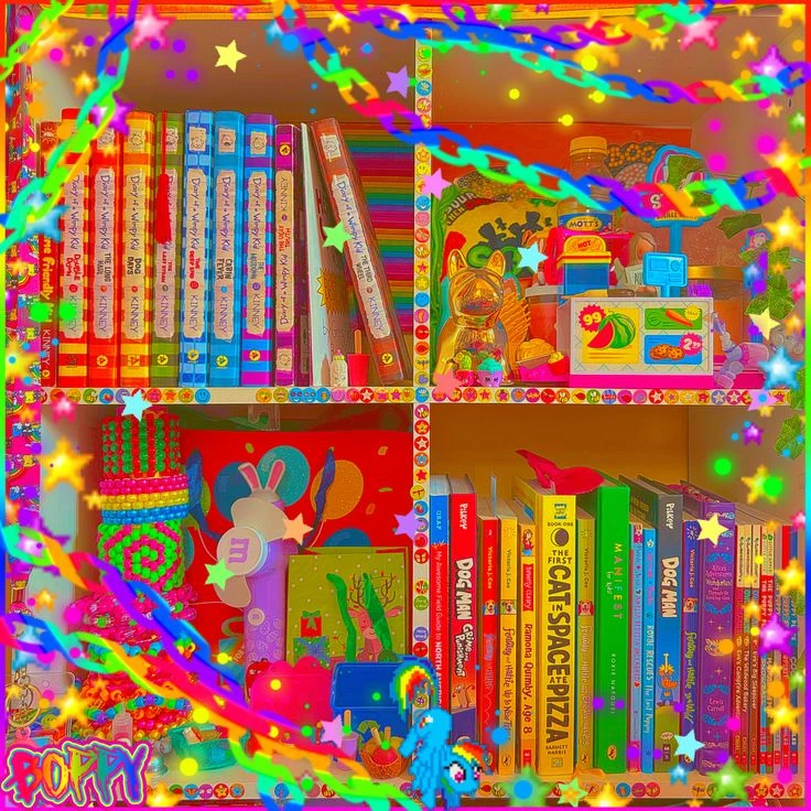 Vibrant Kidcore Bookshelf Aesthetic