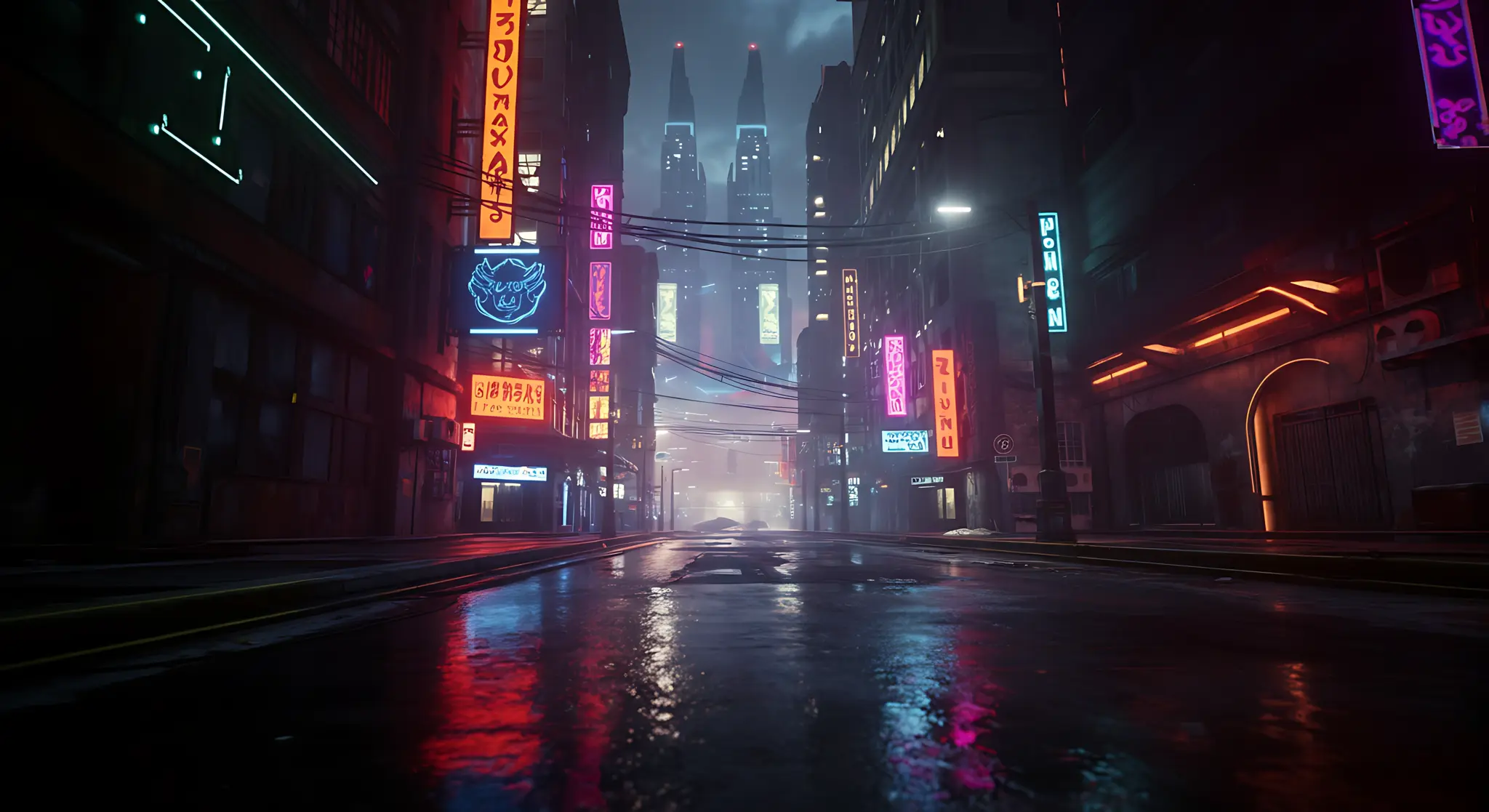Neon-Lit Cyberpunk City Street