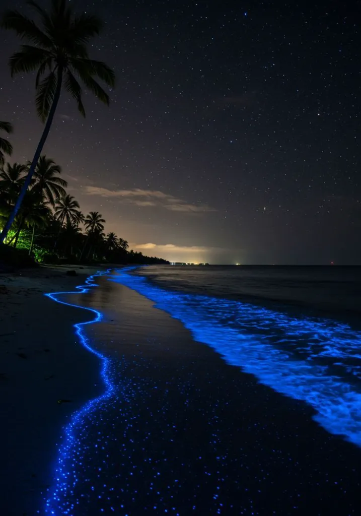 Bioluminescent Ocean Waves Night
