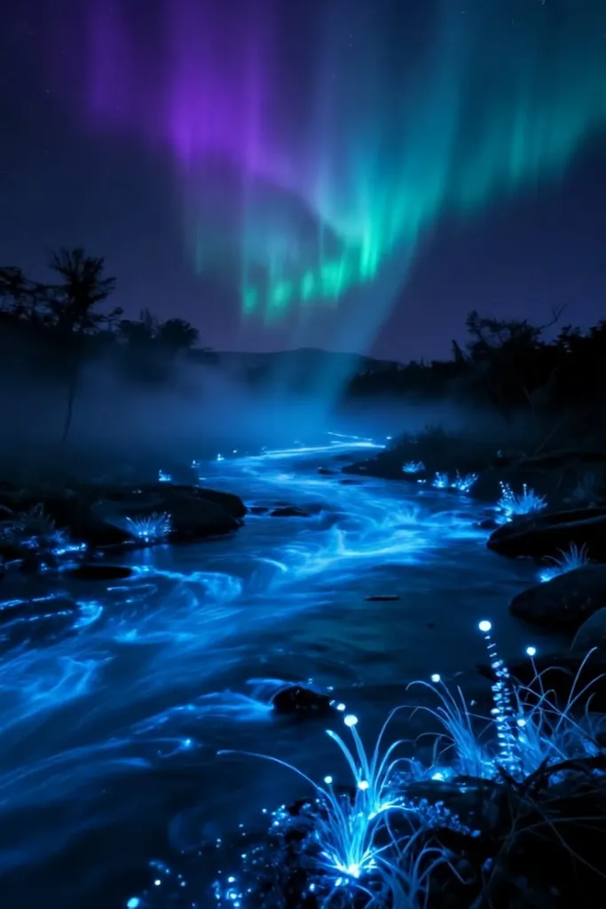 Bioluminescent Aurora River Wallpaper