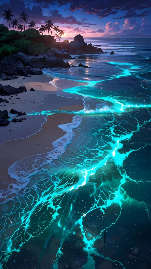 Bioluminescent Beach Waves iPhone Wallpaper