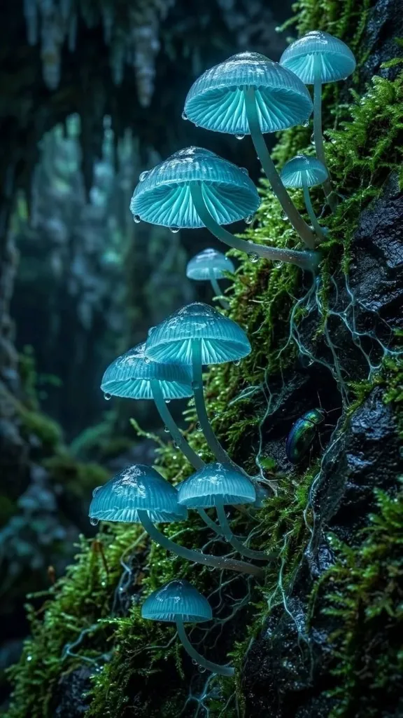 Bioluminescent Blue Mushroom Forest