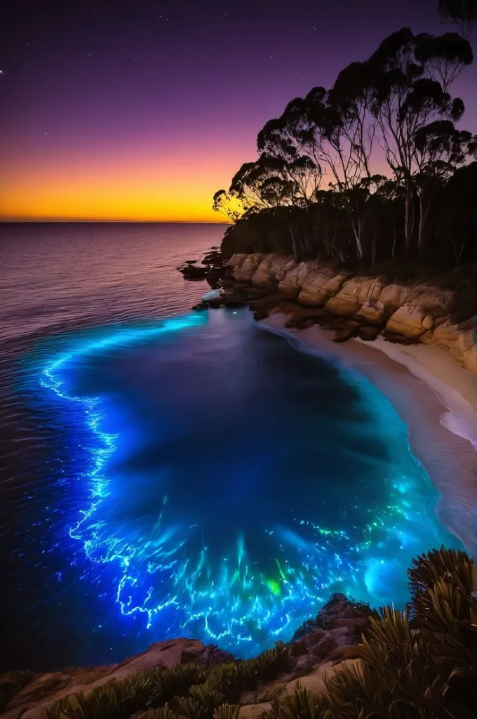 Bioluminescent Ocean Night Landscape
