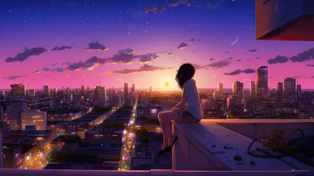 Anime sunset city view